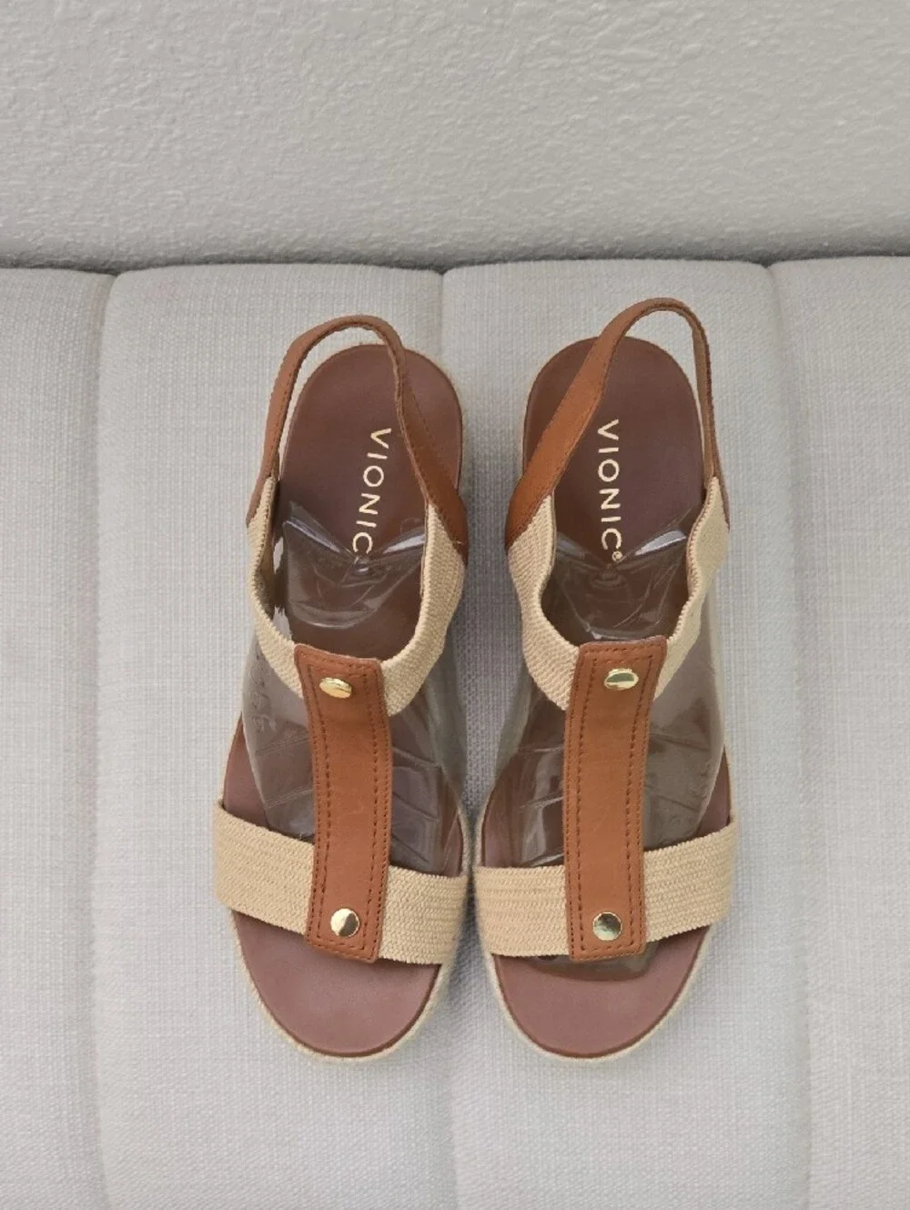 Vionic Brown & Beige T-Strap Slingback Wedge Sandals